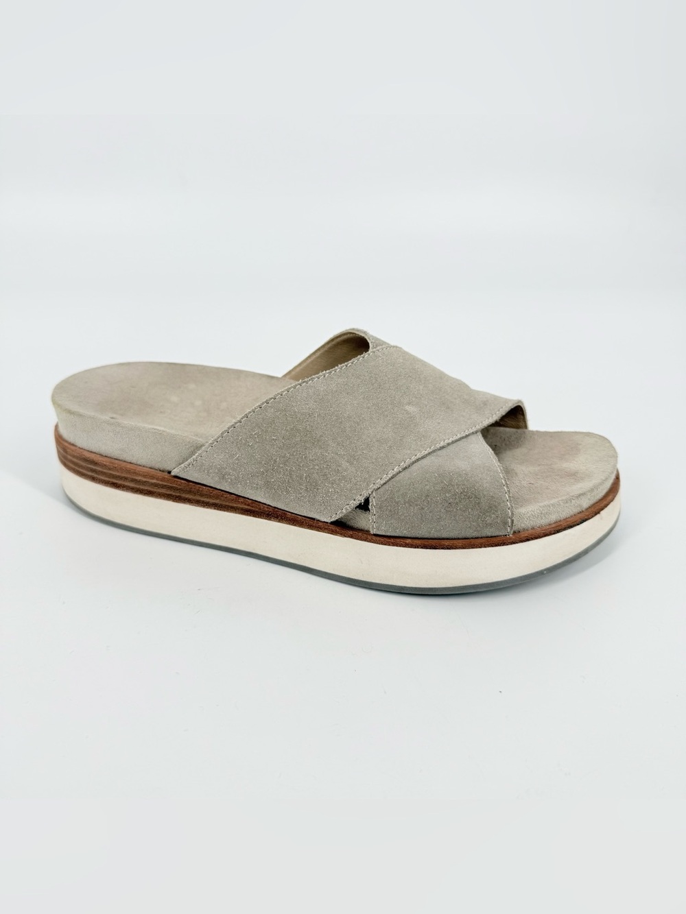 M Gemi Slide Sandals Gray Suede Leather Cross Strap Womens Size EU 39 US 8.5